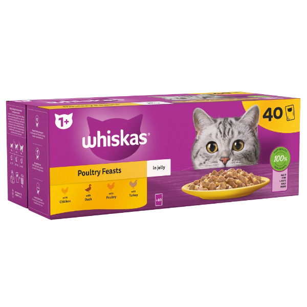 Whiskas 1+ Cat Pouches Poultry Feasts In Jelly 40x85g