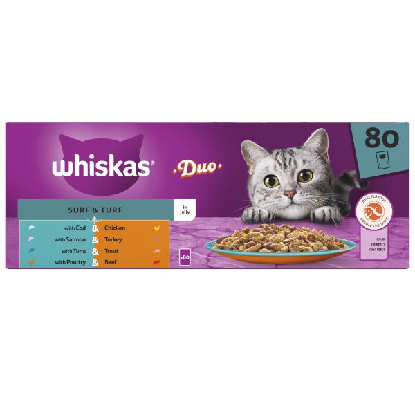 WHISKAS 1+ Cat Pouches Duo Surf & Turf in Jelly 80x85g