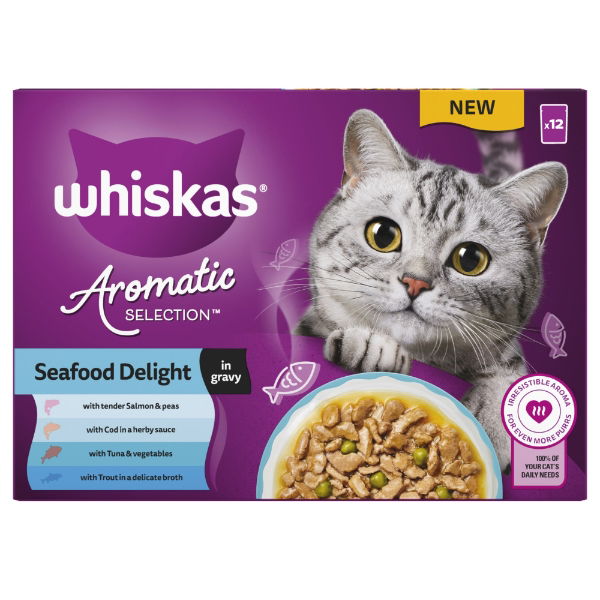 WHISKAS 1+ Cat Pouches Aromatic Seafood in Gravy 12x85g