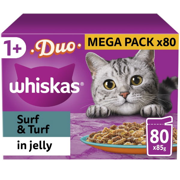 WHISKAS 1+ Cat Pouches Duo Surf & Turf in Jelly 80x85g