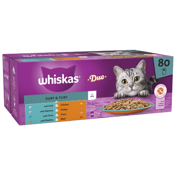 WHISKAS 1+ Cat Pouches Duo Surf & Turf in Jelly 80x85g