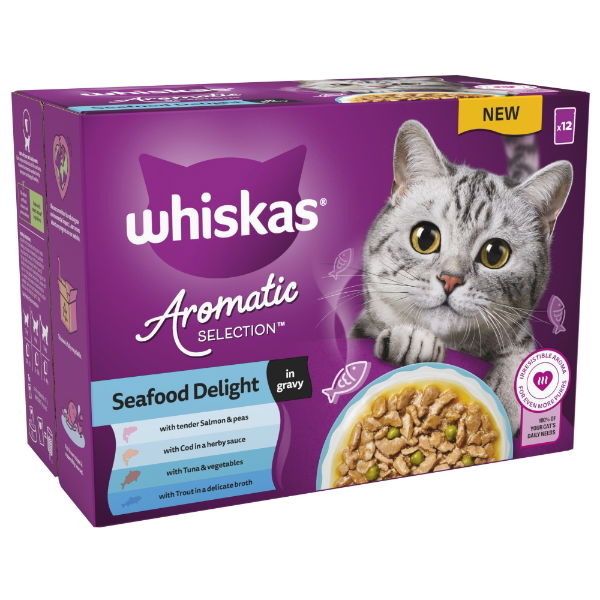 WHISKAS 1+ Cat Pouches Aromatic Seafood in Gravy 12x85g
